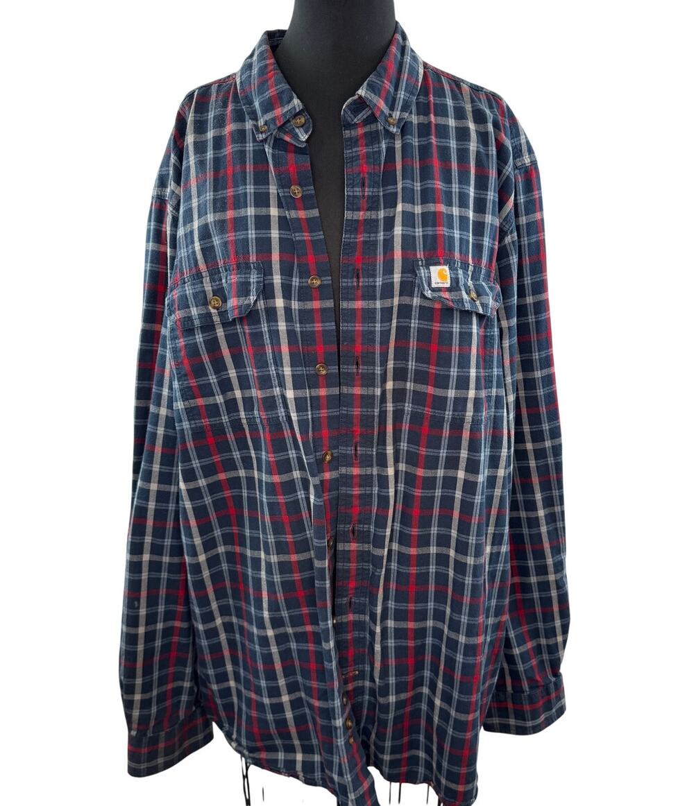 Carhartt Navy Red Flannel Shirt Cotton Plaid Relaxed Button-Down X-Large XL TALL